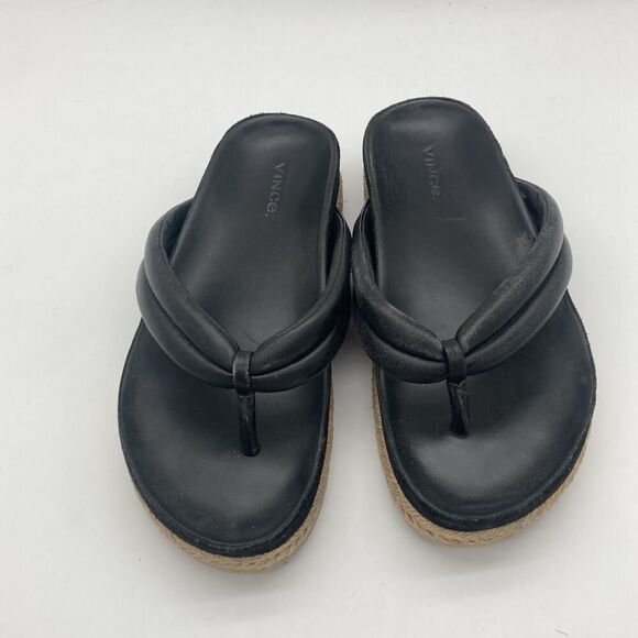 Womens Size 6 Vince Black Forest Platform Espadrille Thong Slide Sandal Leather - Picture 3 of 12